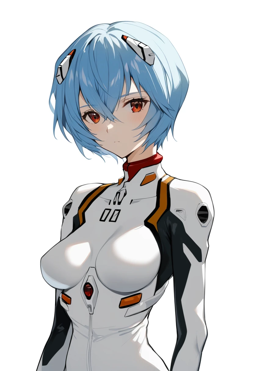1girl, ayanami rei, solo, red eyes, plugsuit, short hair, blue hair, breasts, bodysuit, upper body, white background, white bodysuit, simple background, interface headset, bangs, closed mouth, hair between eyes, medium breasts, medium quality, late,