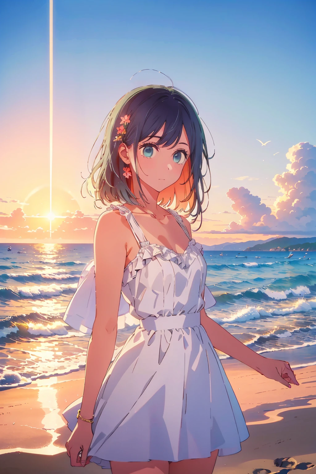 (Highest quality:1.4、masterpiece:1.4、Super detailed:1.4、8k:1.4)、Young woman standing on the beach at sunset。The sun's warm light bathes the entire scene.。Her long flowing hair was decorated with white flowers、She is wearing a delicate white dress that flutters in the breeze.。The dress has intricate lace detailing and a fitted bodice。Her expression is calm and satisfied、Gazing towards the horizon。The beach and ocean are beautifully illuminated in golden hues.、The waves are gently pulling against the shore。The light reflections and bokeh effects create a dreamy atmosphere.。The overall mood is peaceful and romantic.、Capturing moments of quiet reflection and natural beauty。