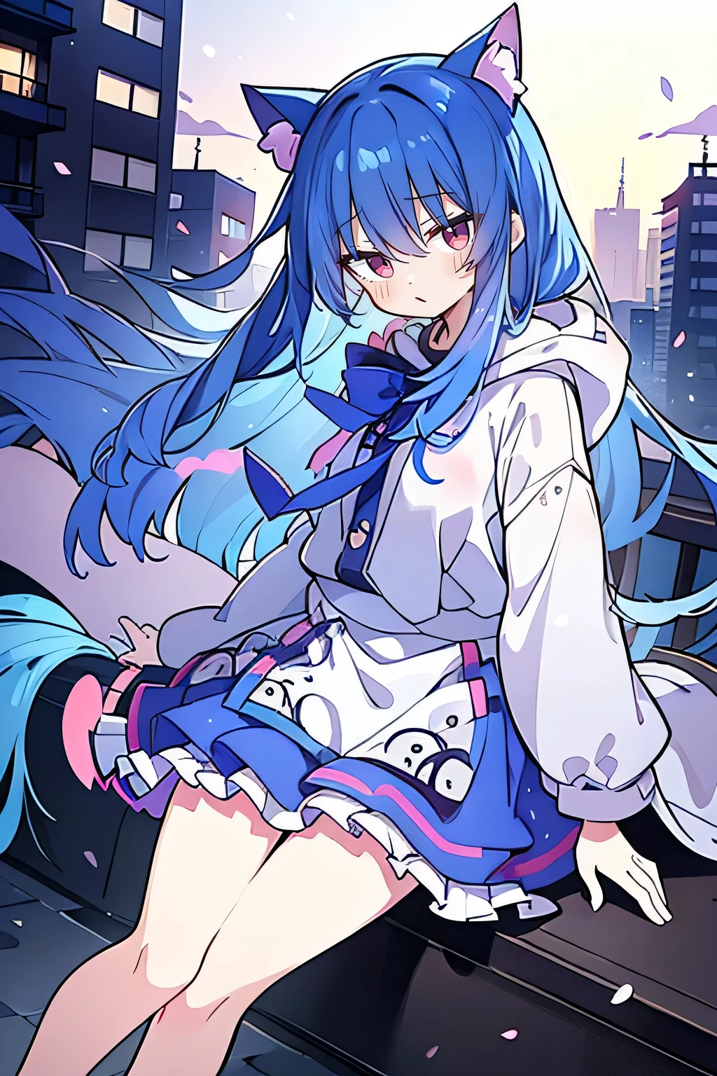 (masterpiece:1.2),Super detailed,lifelike,Expressive eyes,fair skin,perfect face shape,1 girl,
Japanese comics,Gorgeous blue hair,flowing blue hair,flowing clothes,Cat ears,Petals fall,beautiful lola,Baby Angel,
Shaking head with one hand,Cross your legs,smile, wearing hoodie,snowing,City streets。