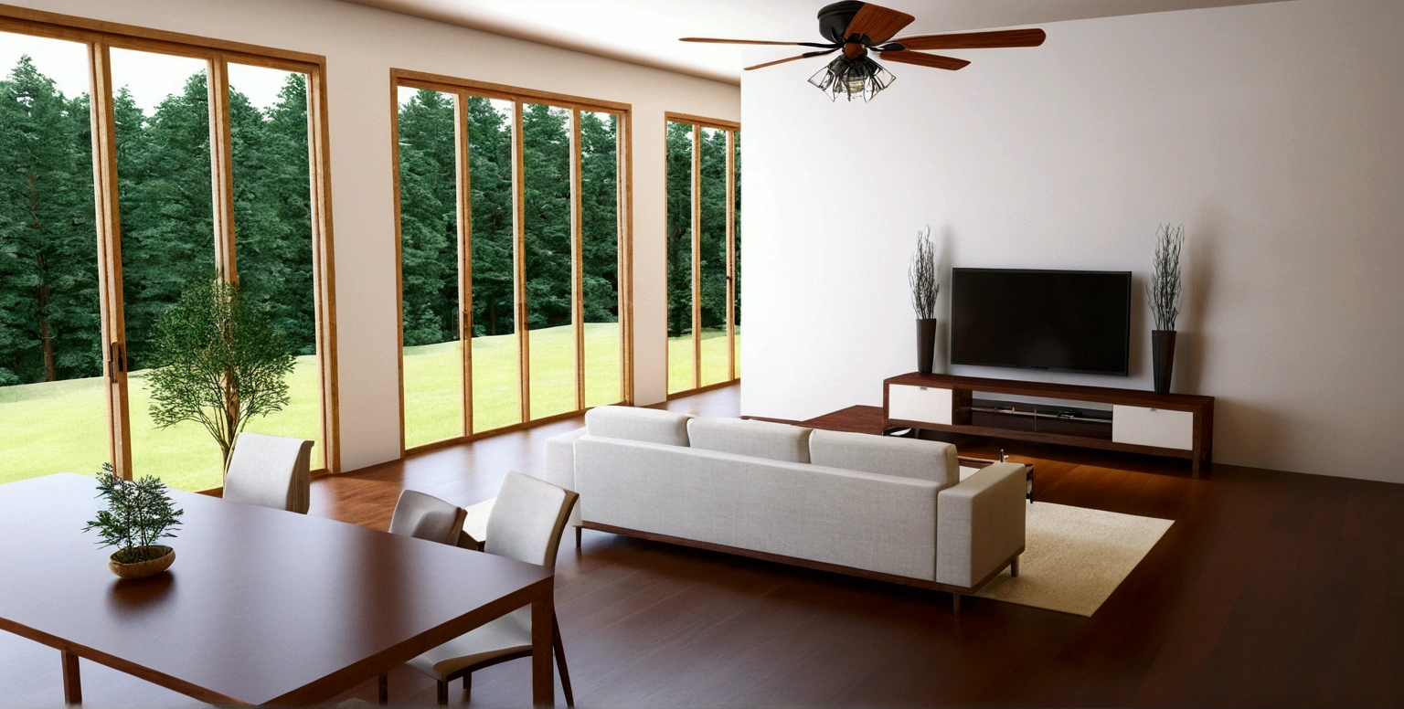 a rendering of a living room with a couch, table, and fan, 3 d rendering, 3d rendering, detailed rendering,wooden celling, 2 d render, comprehensive 2 d render, detailed 3d render, with 3 d render, detailed 3 d render, with 3d render, cg rendering, high detail 3 d render, very detailed render, wide establishing shot, 3 d renders, , windown view pine tree forest
