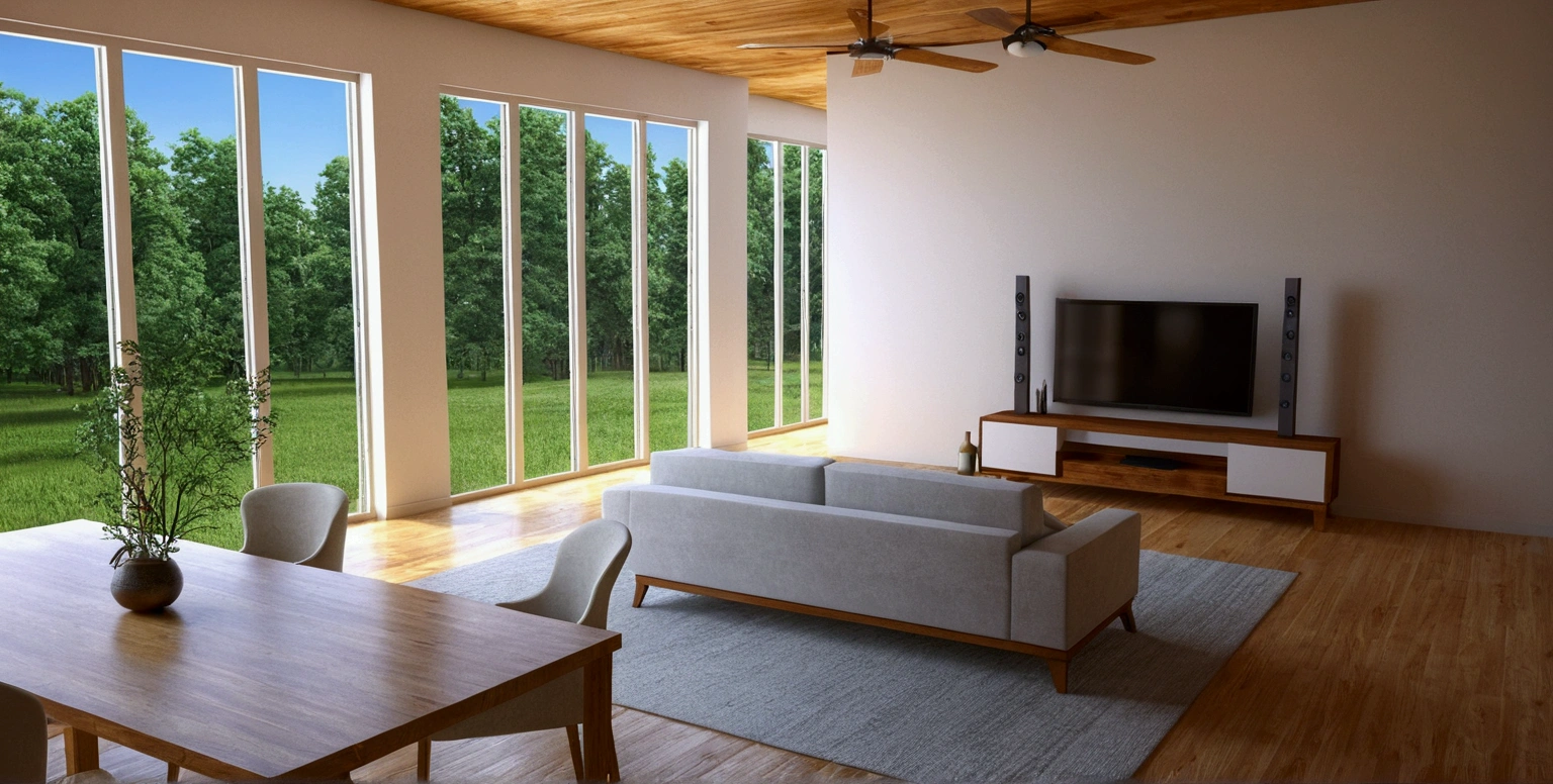 a rendering of a living room with a couch, table, and fan, 3 d rendering, 3d rendering, detailed rendering,wooden celling, 2 d render, comprehensive 2 d render, detailed 3d render, with 3 d render, detailed 3 d render, with 3d render, cg rendering, high detail 3 d render, very detailed render, wide establishing shot, 3 d renders, , windown view pine tree forest 