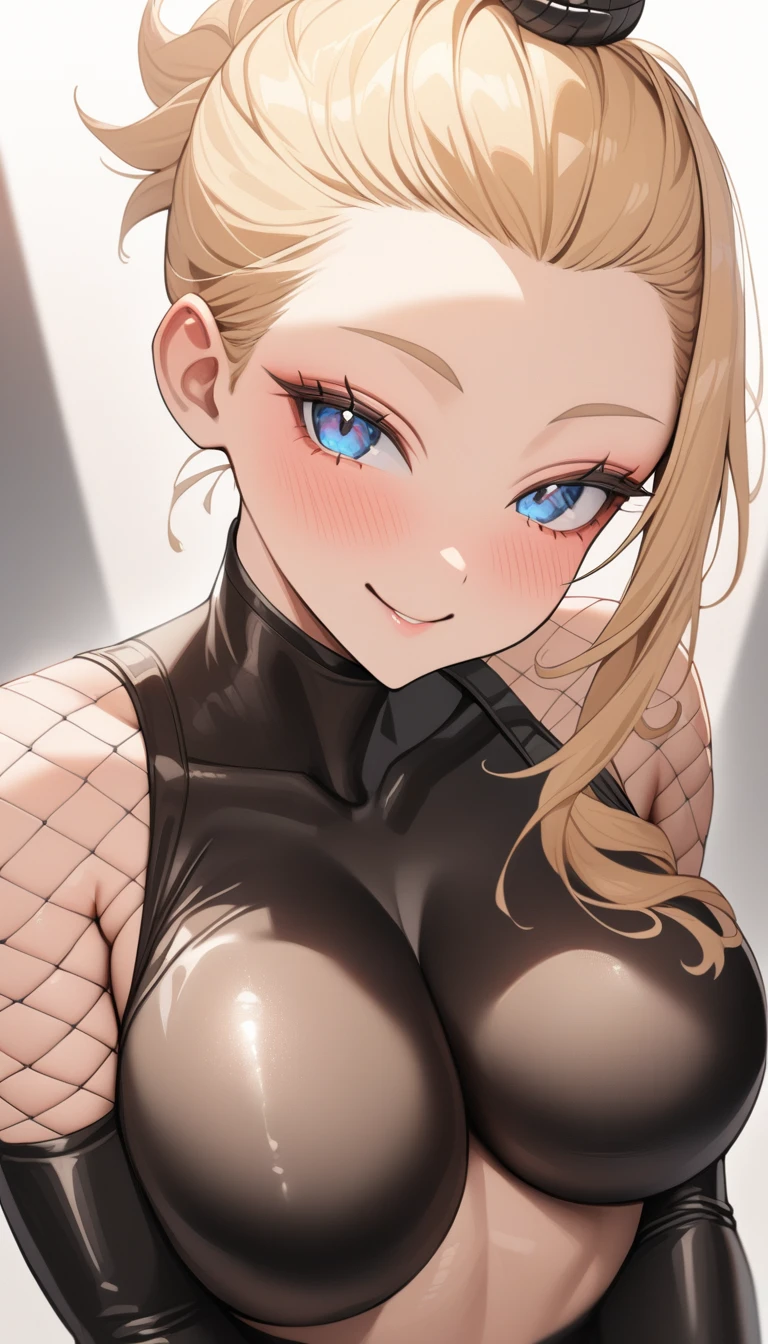 1girl,solo,super detailed skin,shiny skin,oily skin,natural smile ,eyelashes,blue eyes,half open eyes,blonde hair,one side bangs pinned back,a side braid,large breasts,black body suit,ninja costume,fishnet arms,upper body ,model pose,simple background,masterpiece,best quality,ultra detailed,high resolution,sharp focus