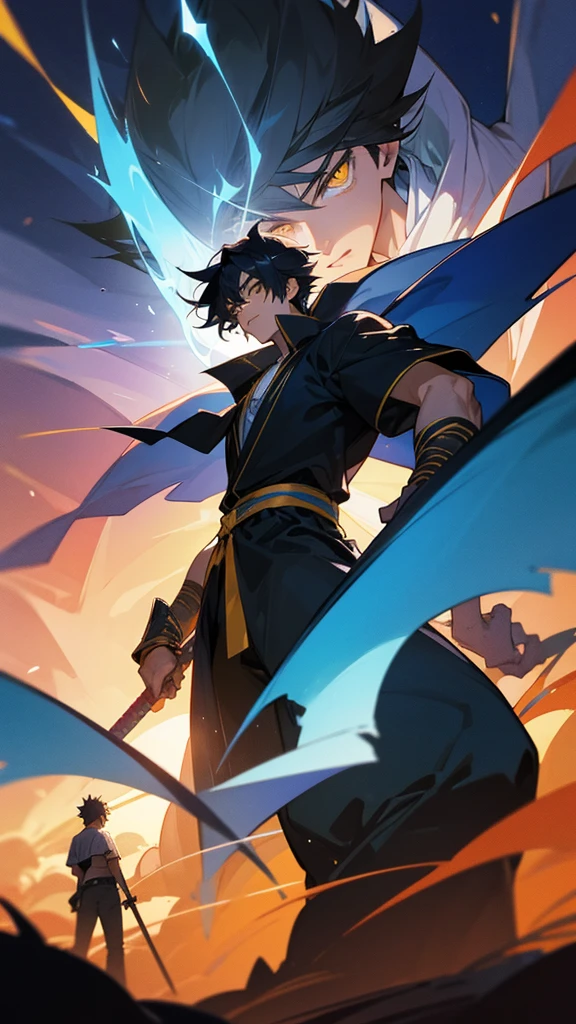 a large black monster standing next to a guy with blue wings that looks like he is a dragon, 1boy, glowing A close up of A man high, angle perspective, Wind Standing, of a Boys fighting, Sword with Lens lighting cool Blue fire, to High, a boy anime Highest style, by powerful Sword fight Effects, White with T-shirts with Color cape with Blue, in a shot hair, A mouth Facenya, Boys Black Hair, with the Yellow Eyes, in cool Realistis, a background sunset, digital style, Animation3D Lens flare 5K