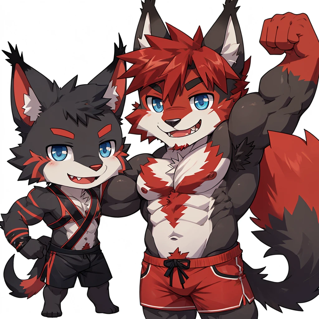 ((Furry lynx cat)), ((chibi)), chibi, chibi, chibi, chibi, body fully covered in black fur, ((fully covered in black fur)), ((black fur)), sharp fangs, sharp teeth, summer shorts outfit, cute, blue eyes, red chest hair, red eyebrows, red armpit hair, black nose, black tail, black tail with red tip, red whiskers, happy, smile, correct Anatomy, correct hand, ((white background)), (Acting happy), (hands up), enjoy, ((front view)), full body, sexy, (flexing), (muscle), black tail, black tail red tail tip, red eyebrows, red chest hair, red armpit hair, chibi, chibi, chibi, chibi
