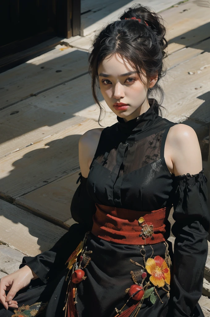 Hyperrealistic portrait of a stunning Korean kpop idol with a white braided ponytail, full sleeve koi fish tattoo, and red lips, wearing a tight all-black sleeveless dress amidst a breathtaking cherry blossom landscape. Canon R5, 200mm lens, sharp focus, and shot in RAW format. The photograph showcases an intricate, photorealistic, and highly detailed face in 8k HD quality. ((8k, RAW photo, highest quality, masterpiece), High detail RAW color photo professional photo, (realistic, photorealism:1.5), (highest quality), (best shadow), (best illustration), ultra high resolution, highly detailed CG unified 8K wallpapers, physics-based rendering, cinematic lighting, photorealistic, photo, masterpiece, realistic, realism, photorealism, high contrast, photorealistic digital art trending on Artstation 8k HD high definition detailed realistic, detailed, skin texture, hyper detailed, realistic skin texture, armature, best quality, ultra high res, (photorealistic:1.4), high resolution, detailed, raw photo, sharp, nikon d850 film stock photograph 4 kodak portra 400 camera f1.6 lens rich colors hyper realistic lifelike texture dramatic lighting unreal engine trending on artstation cinestill 800)