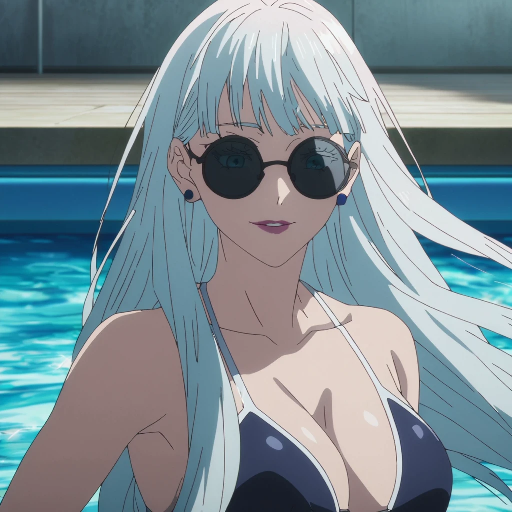 1girl, female gojo satoru, anime screencap from jujutsu kaisen, gojo satoru female version, solo, long_hair, ((wearing round sunglasses)) ((White_hair)), sunny, inside a swimming pool, upper_body, smile, lips, (long hair) ((wearing swimsuit)) breast, "very detailed and high resolution" ((solo)) (((front view))) (earings) ((high resolution)) ((good quality)) ((silky hair))