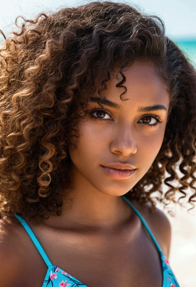 curly hair natural dark skin girl with honey brown eyes with pretty face model in bikini beach background