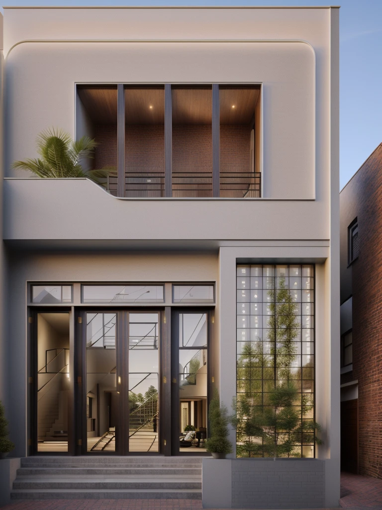 rendering of a modem residential townhouse, prrofessional render, wide anglee exterior 2023, highly detailed render, high quality rendering, realistic render, architectural render, high-quality render, detailed rendering, hyper-realistic render, hyper - realistic render, very rrealistic 3 d render, high render, rrealistic rendering, very realistic render