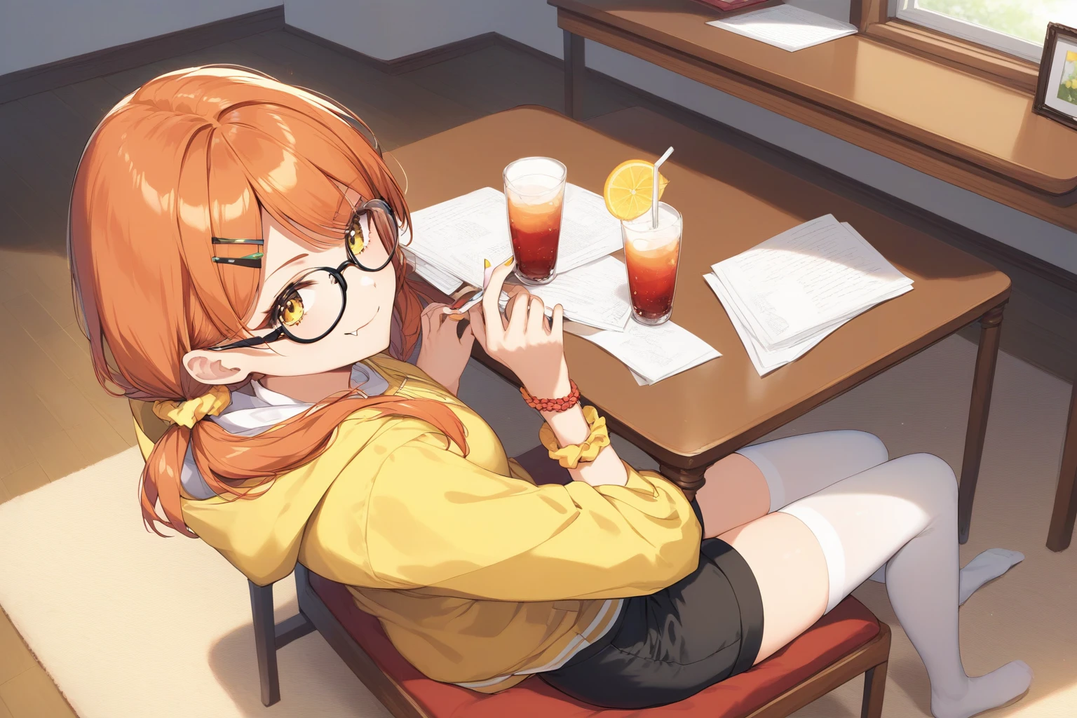 score_9, score_8_up, score_7_up, rating_safe, masterpiece, best quality, very aesthetic, absurdres, 1girl, from above, solo, orange hair, (medium hair, low twintails), yellow eyes, glasses, black glasses, yellow scrunchie, wrist scrunchie, (left hair on hairclip, red hairclip:1.1), (nail polish, yellow nails:1.1), smirk, skin fang, pink cheek, (loungewear, yellow wear, hood, black shorts), (white thighhighs, polka dot legwear thighhighs), BREAK sit, wariza, indoors, room, pink wall, carpet, (table, round table, white table), drink, bed