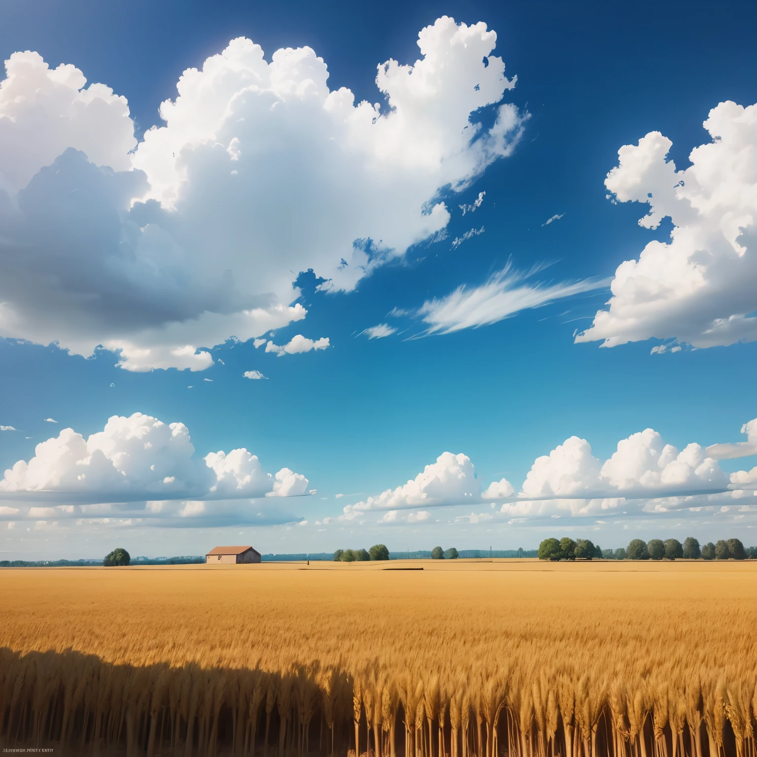 A vast wheat plantation ,sunny day ,few clouds 