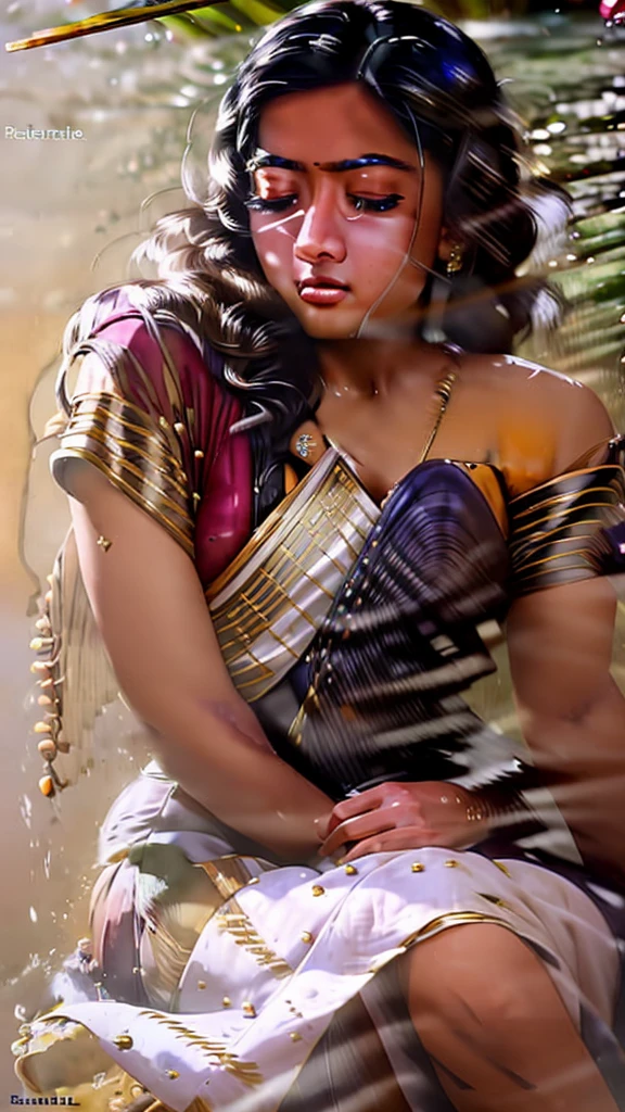 Close up portrait of Rashmika Mandanna  bathing naked in a crystal clear river, reeds, (backlighting), realistic, masterpiece, highest quality, lens flare, shade, bloom, [[chromatic aberration]], by Jeremy Lipking, by Antonio J. Manzanedo, digital painting,