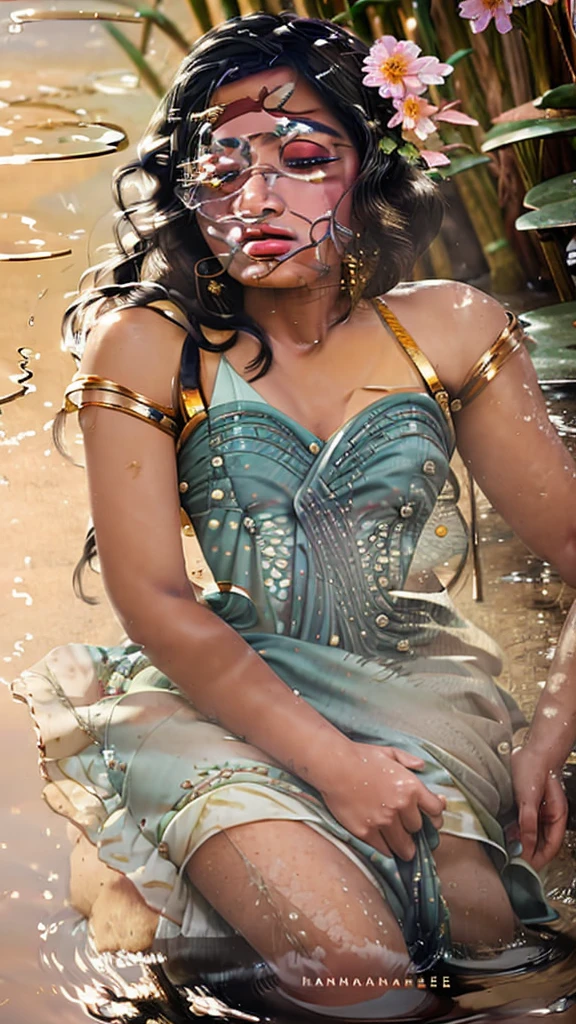 Close up portrait of Rashmika Mandanna  bathing naked in a crystal clear river, reeds, (backlighting), realistic, masterpiece, highest quality, lens flare, shade, bloom, [[chromatic aberration]], by Jeremy Lipking, by Antonio J. Manzanedo, digital painting,