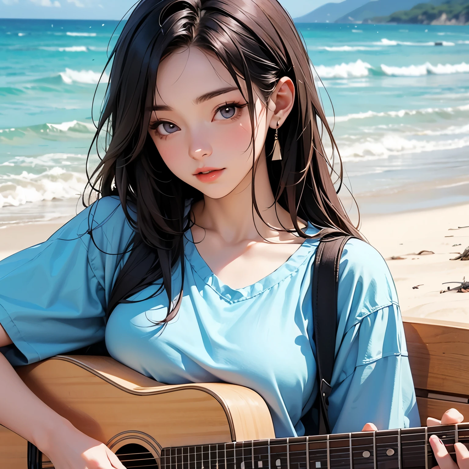 Upper body close-up image。One beautiful woman。Twenty years old。Beautiful double eyelids。Straight nose。Well-shaped lips。Short sleeve。She is playing the guitar on the beach。
