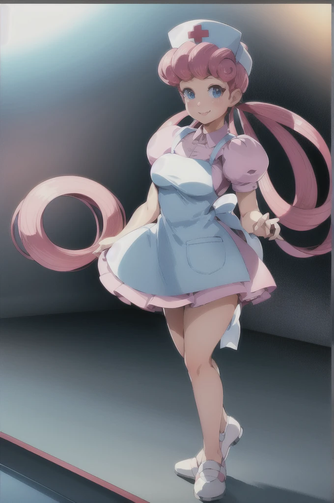 (masterpiece, Highest quality:1.2), nurse joy, Pokemon, blue eyes, Mouth closed, Long Hair, Pink Hair, Short sleeve, nurse, blush, Holding, puffy Short sleeve, Large Breasts, Puff sleeves, nurse cap, One girl, View your viewers, smile, alone, Have, dress, apron, Hair Ring, clipboard