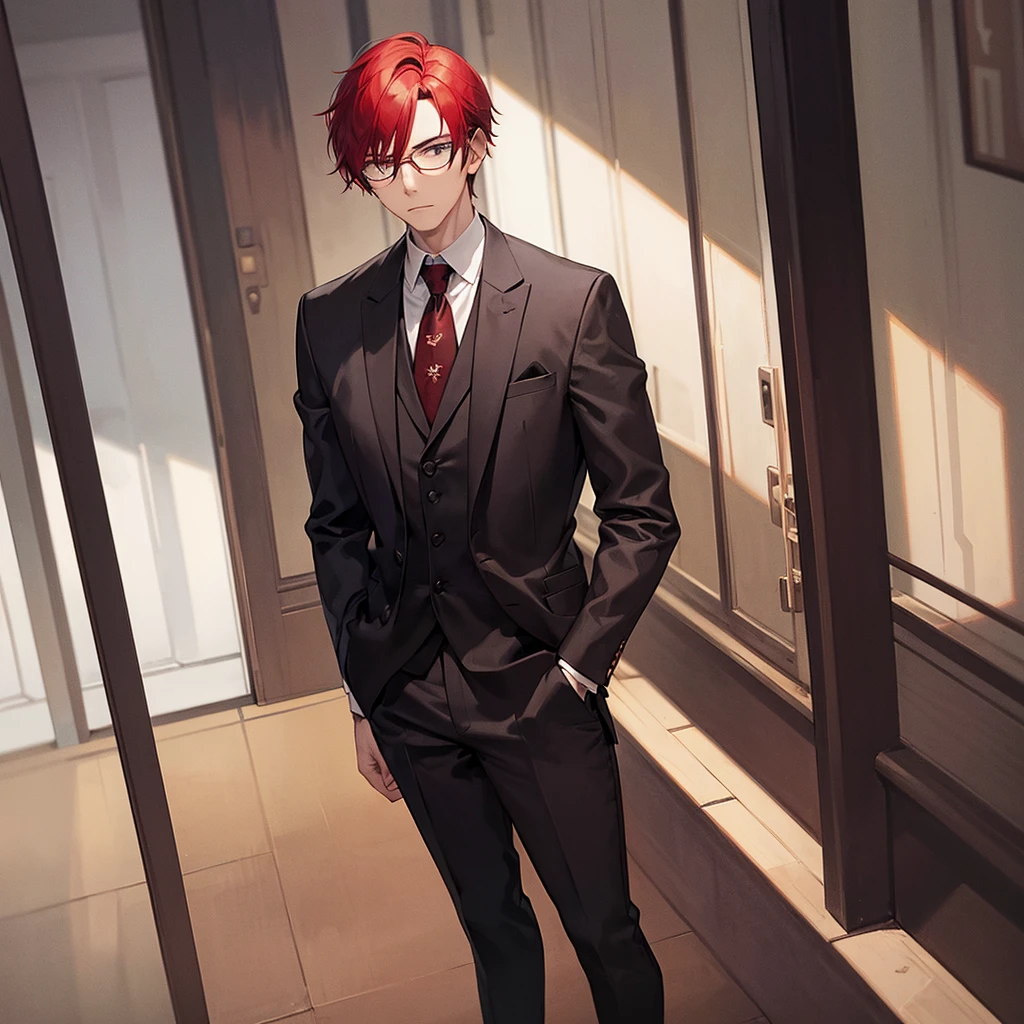 A man with a two-block hairstyle, red hair, wearing black framed glasses with black dark lenses, wearing a red suit, red pants, standing alone. 