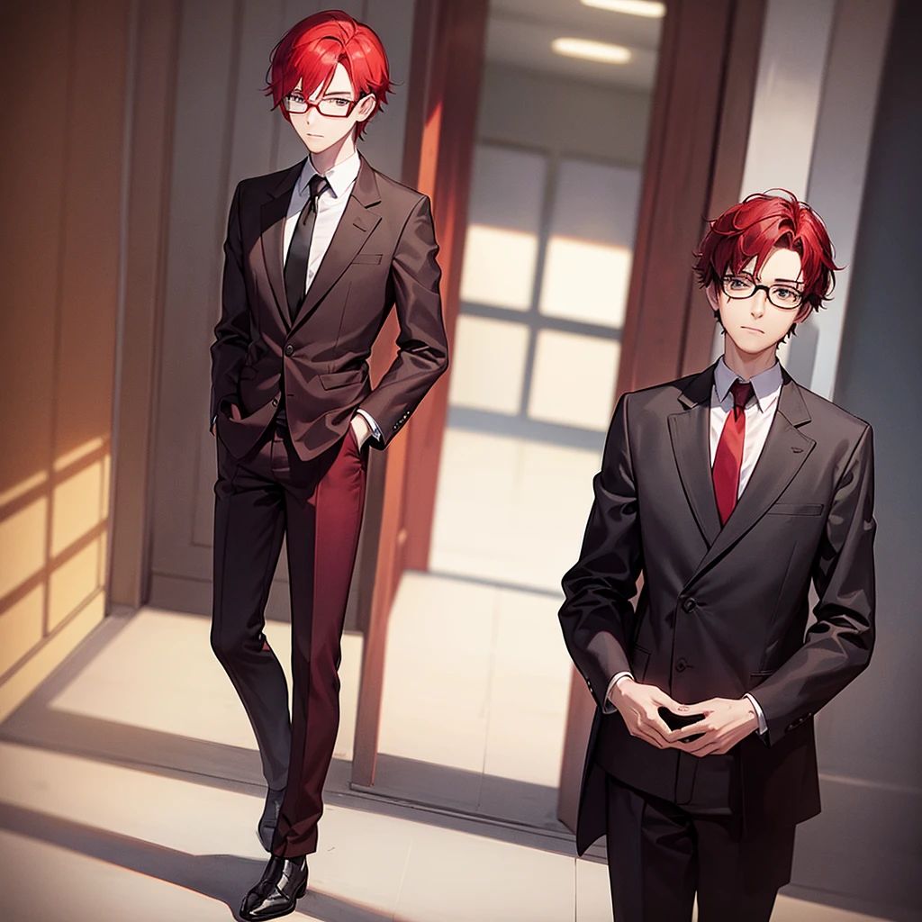 A man with a two-block hairstyle, red hair, wearing black framed glasses with black dark lenses, wearing a red suit, red pants, standing alone.