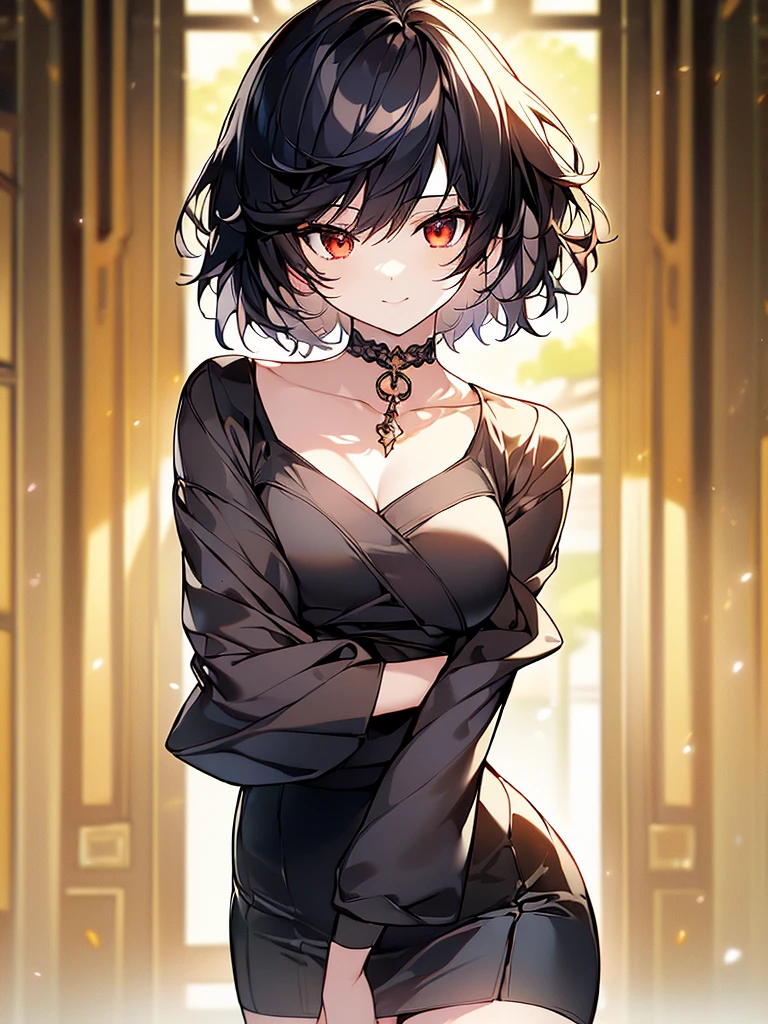 (masterpiece, highest quality, highest quality, (No text), Beautiful and aesthetic:1.2),No text,アニメ、BREAK,One Girl，Black Hair Girl　short hair　older sister　choker　Beautiful eyes　Red eyes　cool　smile　Red and Black　Black jacket　profile　mini skirt　whole body　In town