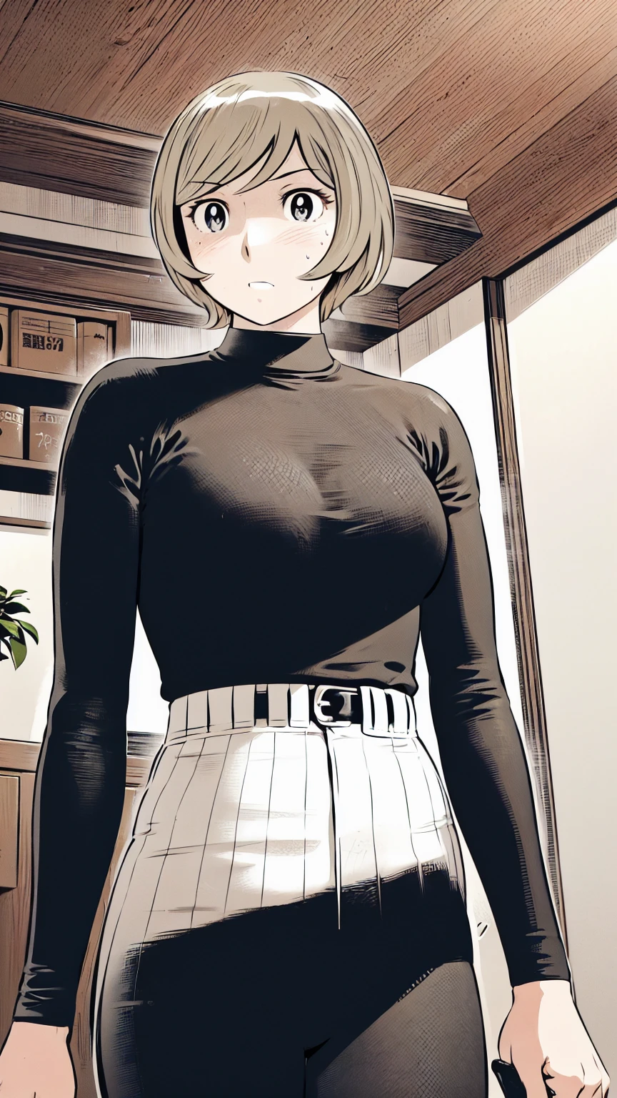 、(masterpiece、Highest quality)、Highest quality, Ultra-high resolution, (((masterpiece))), alone, Sweat、Big eyes,Tight black shirt、Tight white pants、belt、indoor、Composition from the front、(Cut the back hair short、short hair、blonde、woman)、Shortcuts、Embarrassed face、Cut your hair short、可愛いwomanの子、Big Breasts、Inside the room、Full Color、Baseball uniform