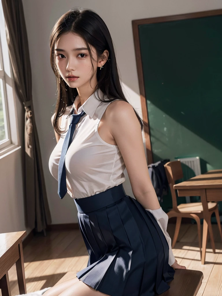 absurdres, RAW photo, extremely delicate and beautiful, masterpiece, Best Quality, ultra high resolution, 32k, hyperrealistic, ultra-detailed, perfect anatomy, super Detailed skin, perfect figure, Super Beauty, Perfect Style, Perfect balance, 20 years old, very small head, very small face, delicate facial features, detailed face, detailed eyes, tearful mole, earring, (very huge round breasts), legs, medium hair, whole body shot, wet clothes, (school_uniform), indoor,