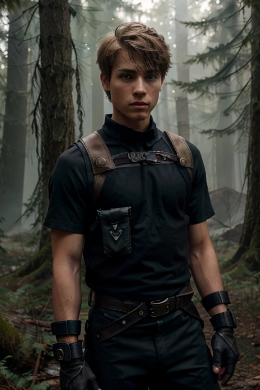 Willy Martin, Willy Martin, Teen Wolf, boy, 18 years old, short and messy red hair, thin muscular build, blue eyes, red military vest, white short-sleeved shirt, black hunter belt, black jeans, boots light brown combat, hanging crow, red fingerless gloves forest background with fog