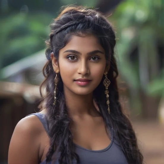 Maya is 18 year old indian girl. Maya stands tall at 70 inches (178 cm) and weighs 180 pounds (82 kg). Her chest measures 44 inches (112 cm), waist 38 inches (97 cm), and hips 46 inches (117 cm). She has intense hazel eyes that reflect her strong spirit, framed by thick, naturally arched eyebrows. Her broad and prominent nose adds to her distinctive look. Maya's full, expressive lips often wear a confident smile. Her medium-sized ears are adorned with simple earrings. Her thick, wavy, dark brown hair is often styled in a loose bun. Her deep tan skin tone gives her a powerful presence. Maya's tall and robust build commands attention, and her warm smile makes her approachable and friendly