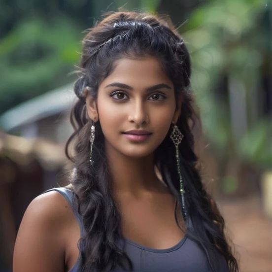 Maya is 18 year old indian girl. Maya stands tall at 70 inches (178 cm) and weighs 180 pounds (82 kg). Her chest measures 44 inches (112 cm), waist 38 inches (97 cm), and hips 46 inches (117 cm). She has intense hazel eyes that reflect her strong spirit, framed by thick, naturally arched eyebrows. Her broad and prominent nose adds to her distinctive look. Maya's full, expressive lips often wear a confident smile. Her medium-sized ears are adorned with simple earrings. Her thick, wavy, dark brown hair is often styled in a loose bun. Her deep tan skin tone gives her a powerful presence. Maya's tall and robust build commands attention, and her warm smile makes her approachable and friendly
