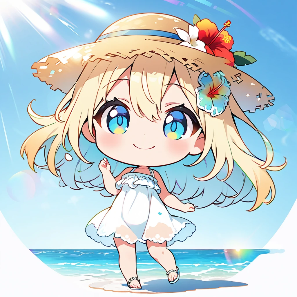 masterpiece, best quality, 4k、2D illustration, one beautiful girl, solo、(((chibi style)))、((vivid colors))、cute chibi, lovely chibi、((colorful))、((long beautiful hair)), glossy light blonde hair, hair between eyes, cute, beautifully detailed eyes、((white summer dress))、((straw hat))、hibiscus hair ornament, flip-flops, ((happy smile))、((full body shot))、((summer beach))、((calm sea))、((blue sky))、sunbeam, white light, ((lens flare)), ((high color saturation)),