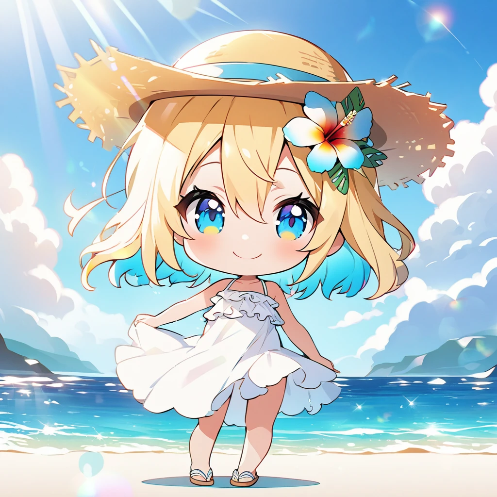 masterpiece, best quality, 4k、2D illustration, one beautiful girl, solo、(((chibi style)))、((vivid colors))、cute chibi, lovely chibi、((colorful))、((long beautiful hair)), glossy light blonde hair, hair between eyes, cute, beautifully detailed eyes、((white summer dress))、((straw hat))、hibiscus hair ornament, flip-flops, ((happy smile))、((full body shot))、((summer beach))、((calm sea))、((blue sky))、sunbeam, white light, ((lens flare)), ((high color saturation)), 