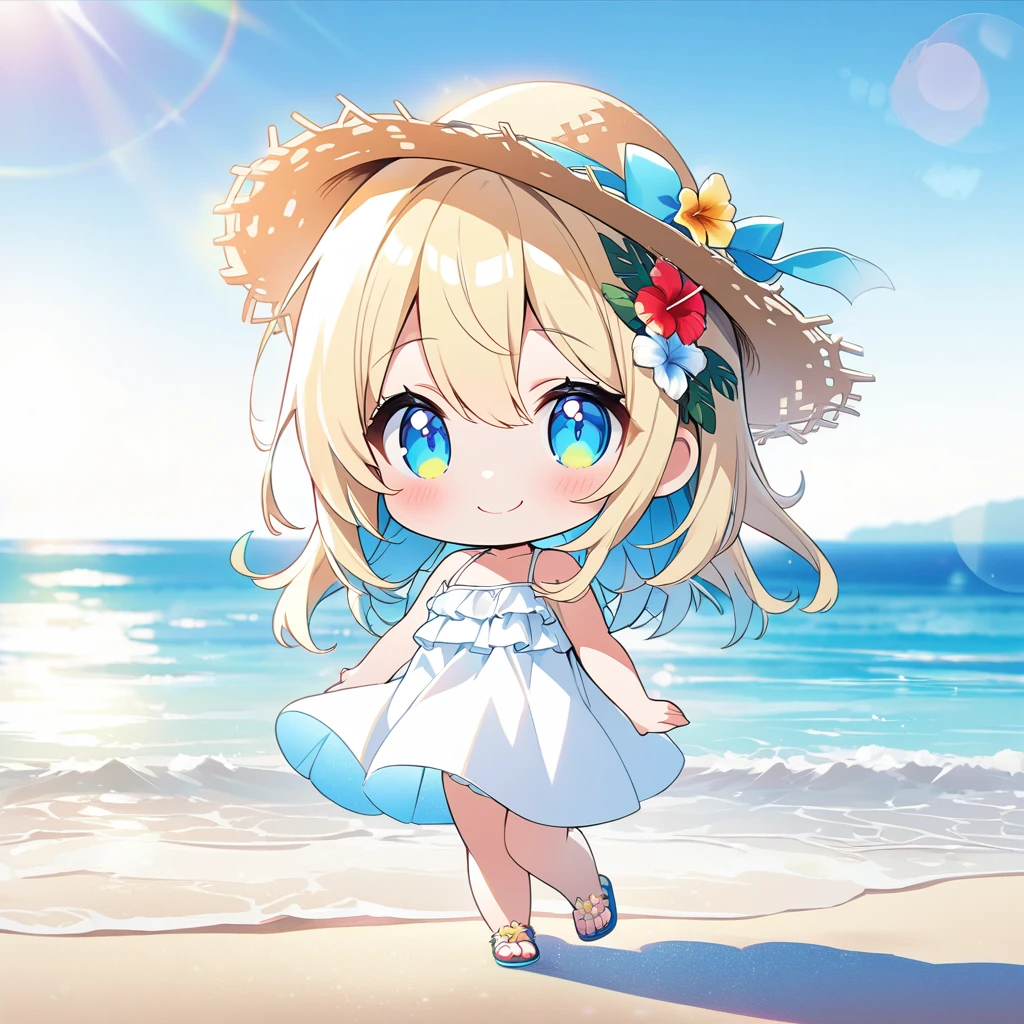 masterpiece, best quality, 4k、2D illustration, one beautiful girl, solo、(((chibi style)))、((vivid colors))、cute chibi, lovely chibi、((colorful))、((long beautiful hair)), glossy light blonde hair, hair between eyes, cute, beautifully detailed eyes、((white summer dress))、((straw hat))、hibiscus hair ornament, -flops, ((happy smile))、((full body shot))、((summer beach))、((calm sea))、((blue sky))、sunbeam, white light, ((lens flare)), ((high color saturation)),