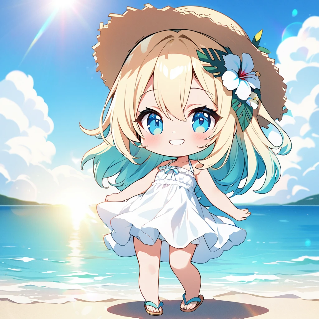 masterpiece, best quality, 4k、2D illustration, one beautiful girl, solo、(((chibi style)))、((vivid colors))、cute chibi, lovely chibi、((colorful))、((long beautiful hair)), glossy light blonde hair, hair between eyes, cute, beautifully detailed eyes、((white summer dress))、((straw hat))、hibiscus hair ornament, flip-flops, ((happy smile))、((full body shot))、((summer beach))、((calm sea))、((blue sky))、sunbeam, white light, ((lens flare)), ((high color saturation)), 