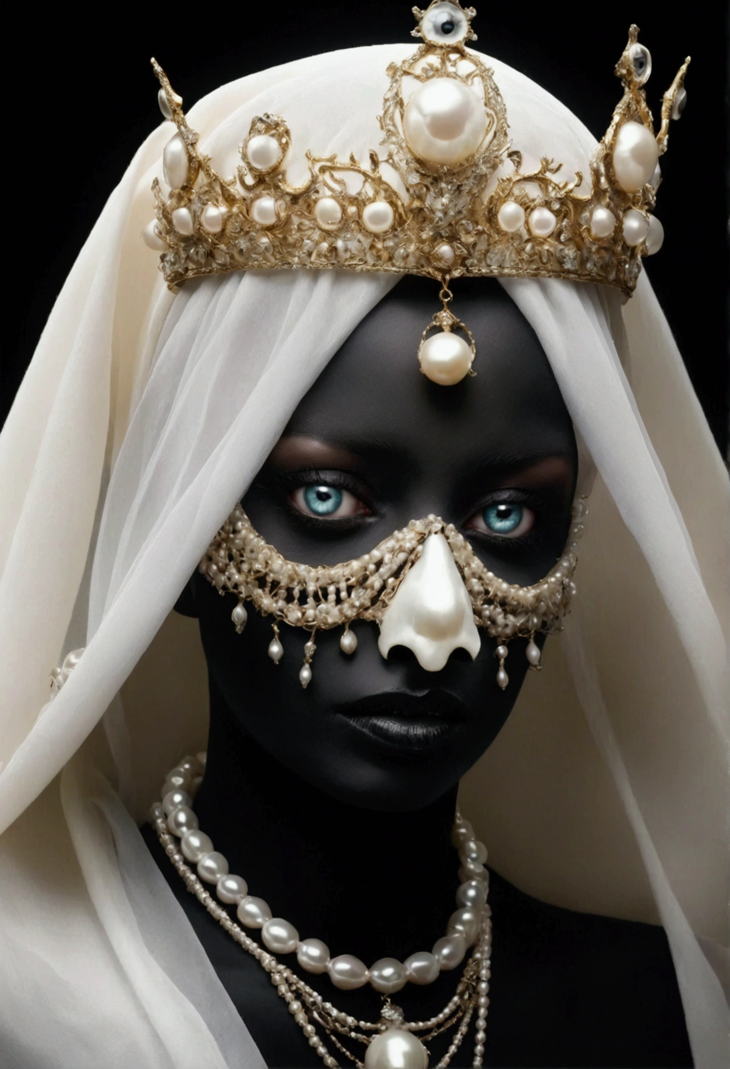 (masterpiece, best quality:1.2),Grotesque Aesthetics:1.56， Ugly faceless person，There are many eyeballs growing on the skin of the face，teeth， Solitary，black background，crown，veil，hand，Pearl Necklace，