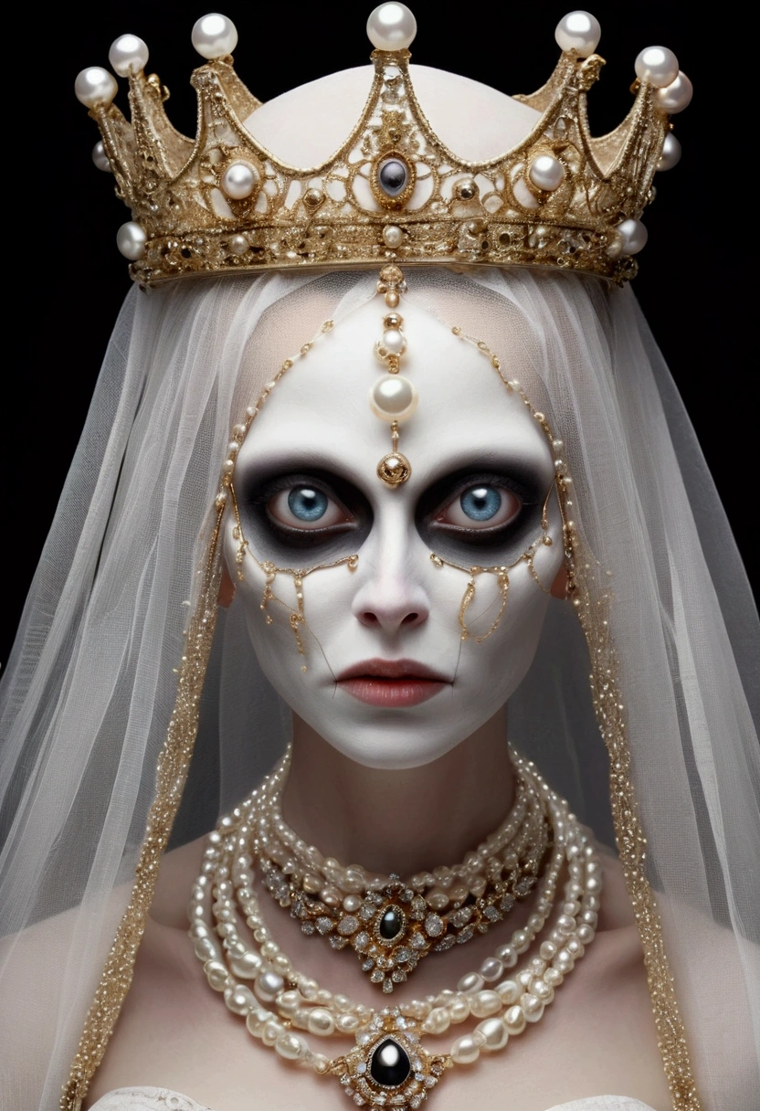 (masterpiece, best quality:1.2),Grotesque Aesthetics:1.56， Ugly faceless person，There are many eyeballs growing on the skin of the face，teeth， Solitary，black background，crown，veil，hand，Pearl Necklace，