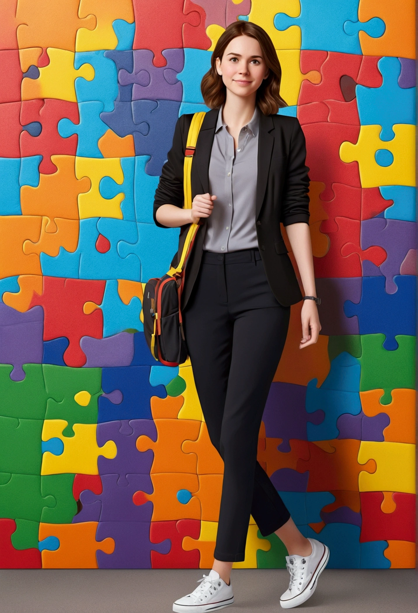 3D PIXAR STYLE POSTER. woman with fair skin, BROWN HAIR ON THE SIDE, brown eyes, black blazer, black pants, gray shirt, White All Star Sneakers, WORKS AS A TEACHER, NOTEBOOK BACKPACK IN HAND,  COLORFUL BACKGROUND WITH PUZZLE, rot,  Unripe, azul e amarelo