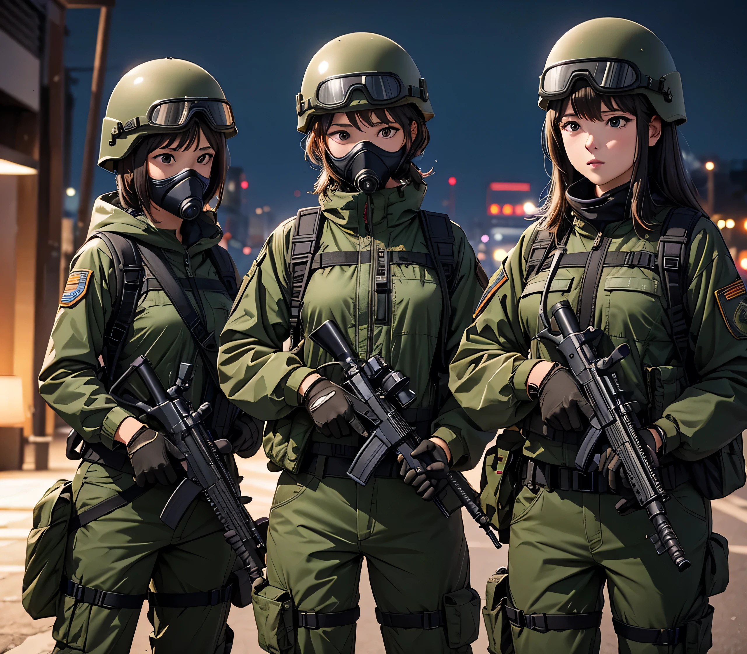 A group of female special forces soldiers wearing helmets patrol at night、Wearing dark green M-51 military uniform、Military Pants、Magazine Pouch、Tactical harness、Gas Mask、Goggles、Write details、masterpiece、best quality、Highly detailed CG、8K picture quality