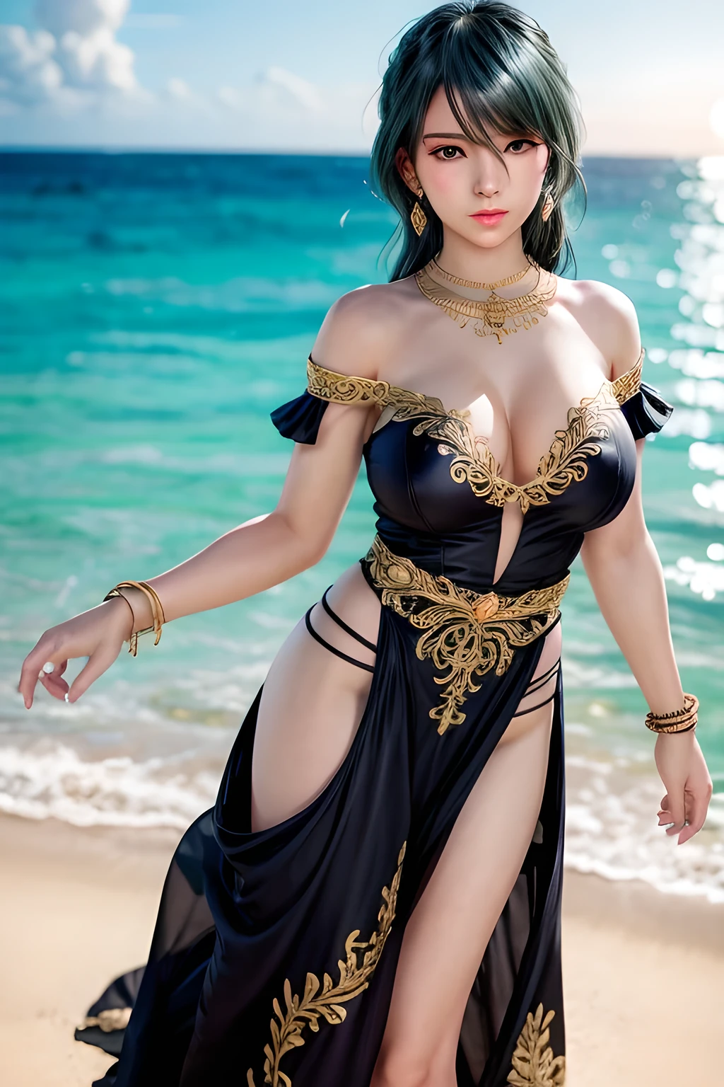 1girl, solo, long hair, breasts, looking at viewer, black hair, dress, bare shoulders, brown eyes, jewelry, huge breasts, standing, earrings, outdoors, detached sleeves, sky, cloud, dark skin, water, white dress, bracelet, dark-skinned female, lips, see-through, ocean, armlet, side slit, sunset, hoop earrings, realistic, long dress, sun,Tamaki,