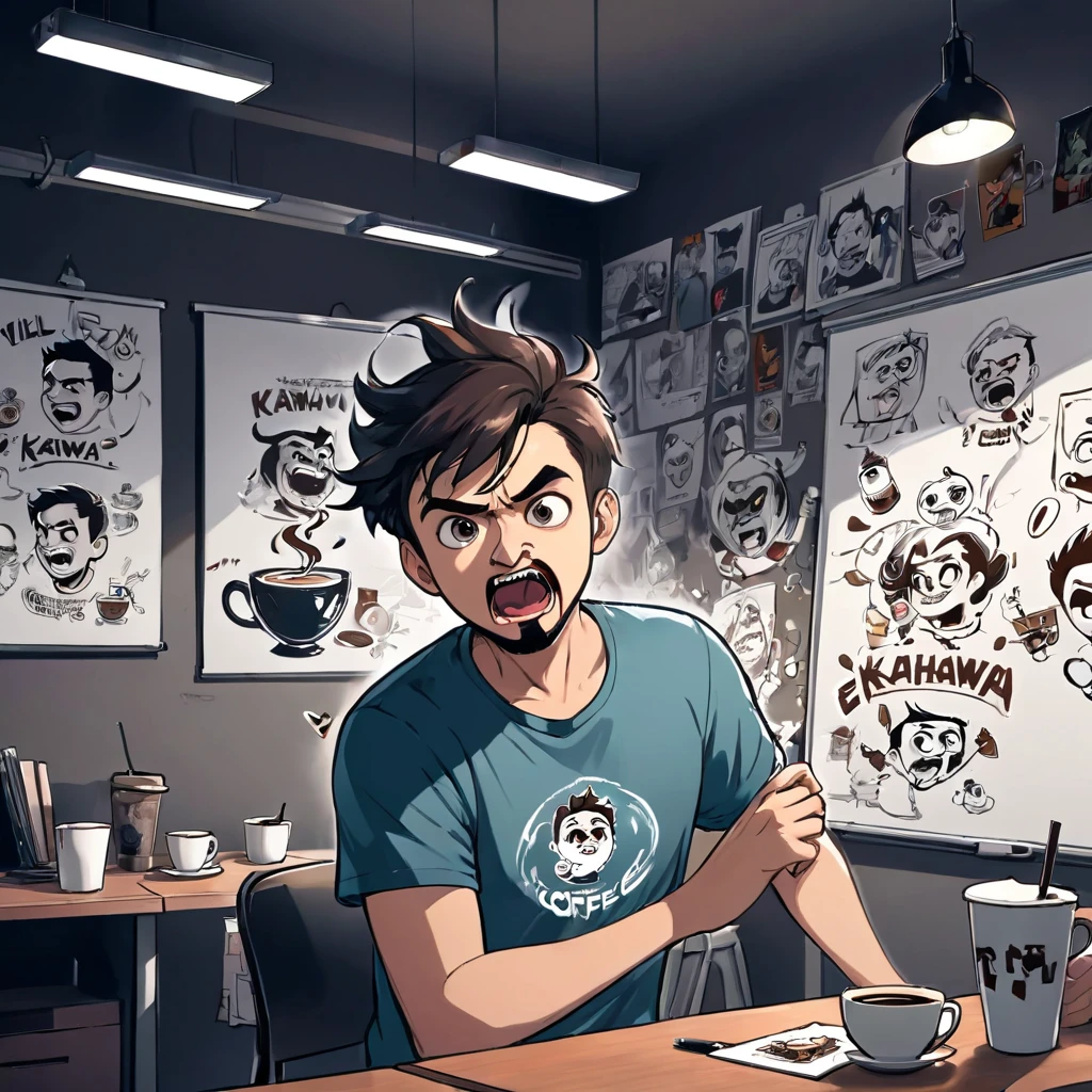a guy with tshirt has logo Kahwaa , fighting with an evil big cup of coffee , in a funny way , whiteboard with pictures and papers hung on it, evil dark room , there is a scary faces and Puzzles on the wall,