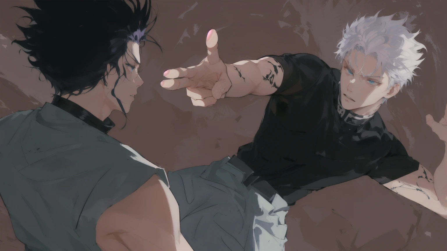 anime character with white hair and blue eyes pointing at another character, close-up fight, fight pose, baki style, heavy gesture style closeup, jujutsu kaisen anime inspired, fighting pose, anime fight, jujutsu kaisen art style, badass pose, fighting stance, high quality fanart, fistfighting, aggressive pose, pointing with 2 fingers, realistic anatomy, detailed,