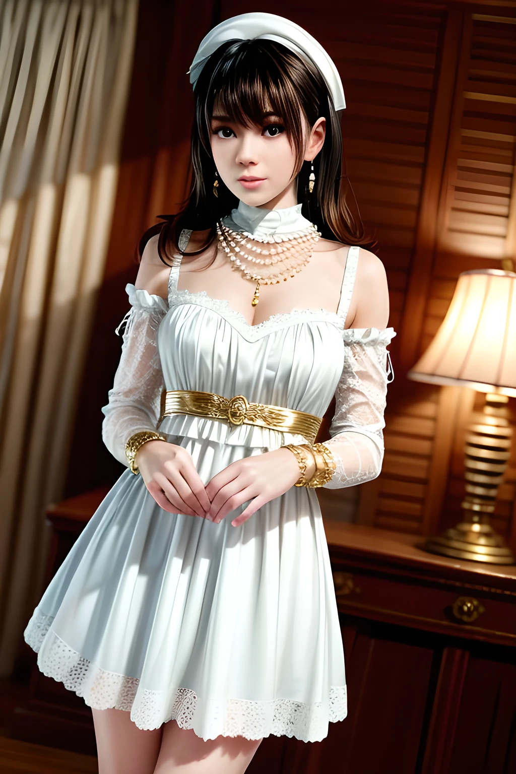 1girl is wearing a graceful white dress with a pearl necklace. The dress is adorned with delicate lace and has capped sleeves. The fabric is embellished with sparkling accents resembling stars. The person is also wearing a gold bracelet on their left wrist. Their hair is styled in an elegant updo, and they are wearing dangling earrings. The background features an indoor setting with soft lighting, a floor lamp, and translucent curtains that let in gentle daylight, creating a serene and sophisticated atmosphere,Nanami