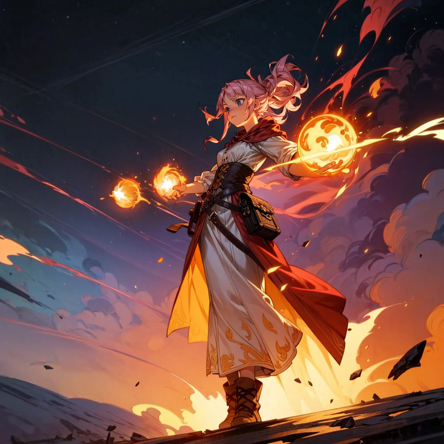 1woman, 1character, woman version, blue eyes, long Curly haircut, pink colour hair, Ancient Roman clothing, red colour clothing, long dress, boots, Bandage on hand, Grassroots, background in field town, motion blur, fire burned in hand, (one piece style art), (high angle view), smoke effect, aura effect, blue lighting, lightning fire in hand, 3 gold fireballs, Moonlight, moon, fireball light silhouette, blue fire, lightning flash, plasma effect 