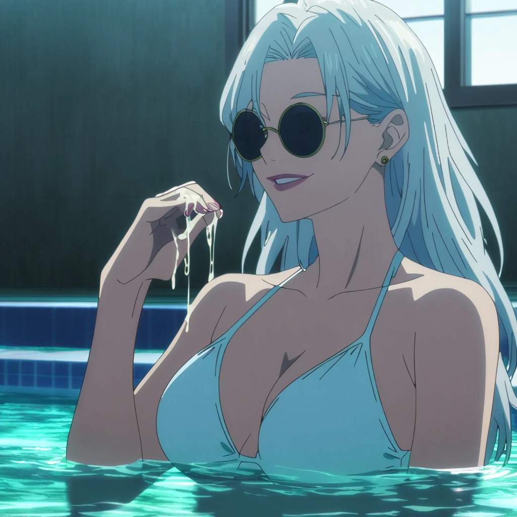 1girl, female gojo satoru, anime screencap from jujutsu kaisen, gojo satoru female version, solo, long_hair, ((wearing round sunglasses)) ((White_hair)), sunny, inside a swimming pool, upper_body, smile, lips, (long hair) ((wearing swimsuit)) breast, "very detailed and high resolution"  ((solo)) (((front view))) (earings) ((high resolution)) ((good quality)) ((silky hair)) ((juice in one hand))