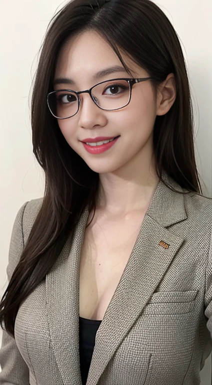 (best quality, masterpiece:1.2), white background, realistic, crew neck, closed-neckline, pants, (business jacket:1.2), (brown hair:1.2), big eyes, beautiful woman, smile, eyelashes, highly detailed face, smiling, glasses