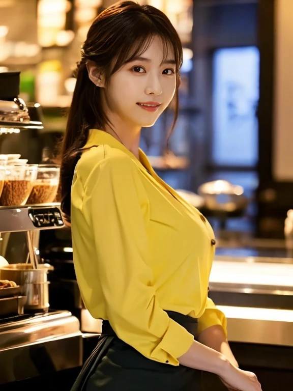 1 girl, (wearing a yellow blouse:1.2), short skirt, beautiful japanese actress, (RAW photo, highest quality), (realistic, Photoreal:1.4), masterpiece, very delicate and beautiful, very detailed, 2k wallpaper, wonderful, finely, Very detailed CG Unity 8K 壁紙, Super detailed, High resolution, soft light, beautiful detailed girl, very detailed目と顔, beautifully detailed nose, beautiful and detailed eyes, cinematic lighting, BREAK, (Against the backdrop of a Inside the coffee shop 1.3), city lights, perfect , slender body, smile, Face the front completely, (look at the camera), (waist shot), (emphasize big ),
