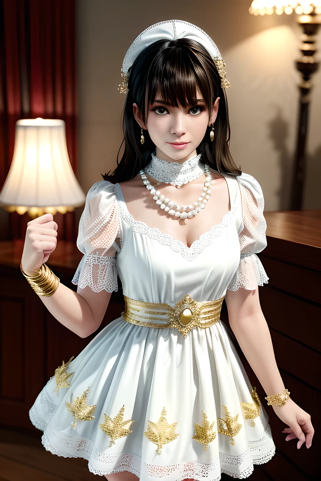 1girl is wearing a graceful white dress with a pearl necklace. The dress is adorned with delicate lace and has capped sleeves. The fabric is embellished with sparkling accents resembling stars. The person is also wearing a gold bracelet on their left wrist. Their hair is styled in an elegant updo, and they are wearing dangling earrings. The background features an indoor setting with soft lighting, a floor lamp, and translucent curtains that let in gentle daylight, creating a serene and sophisticated atmosphere,Nanami