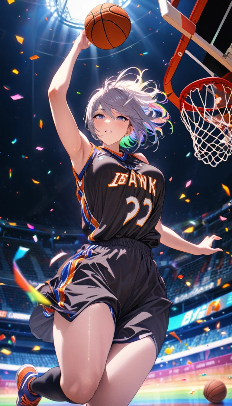 Highest quality, Highest quality, 16K, Unbelievably absurd, Very detailed, delicate and dynamic, Natural light, The particles reflect light, Diffuse reflection of light, Vortex of Light, Lots of rainbow-colored confetti falling, Basketball court, night, illumination, Create amazing image effects, Upper body close-up, (sole sexy girl, Firm bust, , powerful, A game-winning dunk by a professional basketball player, Hollow, Floating in the air, A powerful dunk, Basketball Uniforms,)
