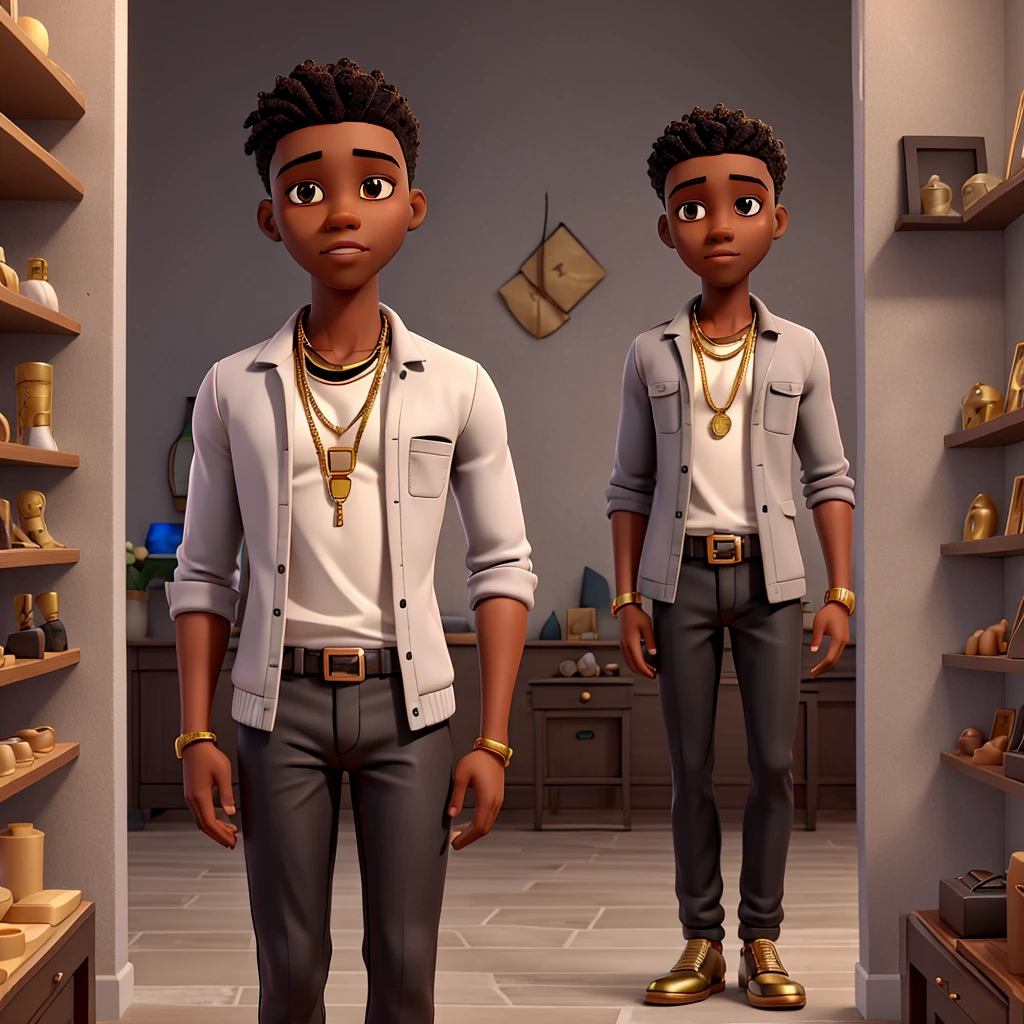 Drawing of inside a jewelry store with gray walls and black male doll from the chest up with some gold chain