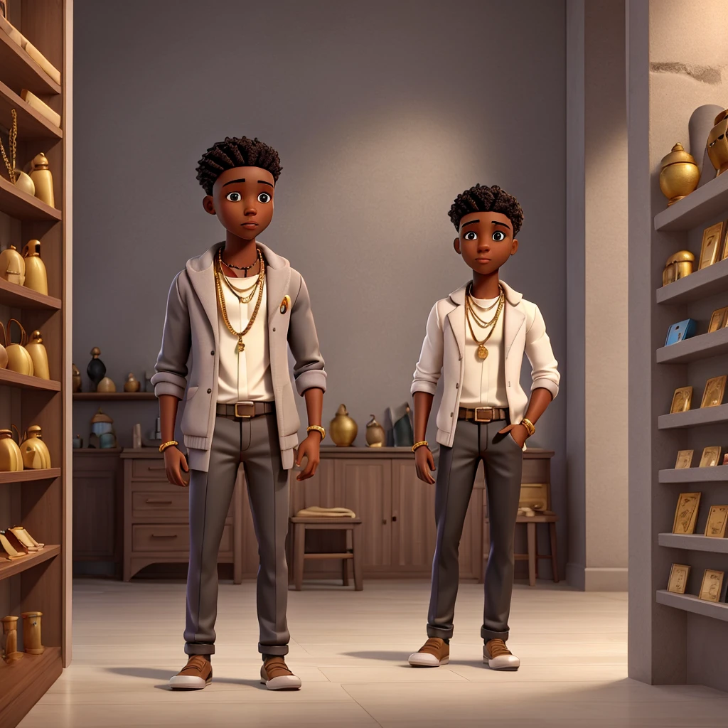 Drawing of inside a jewelry store with gray walls and black male doll from the chest up with some gold chain