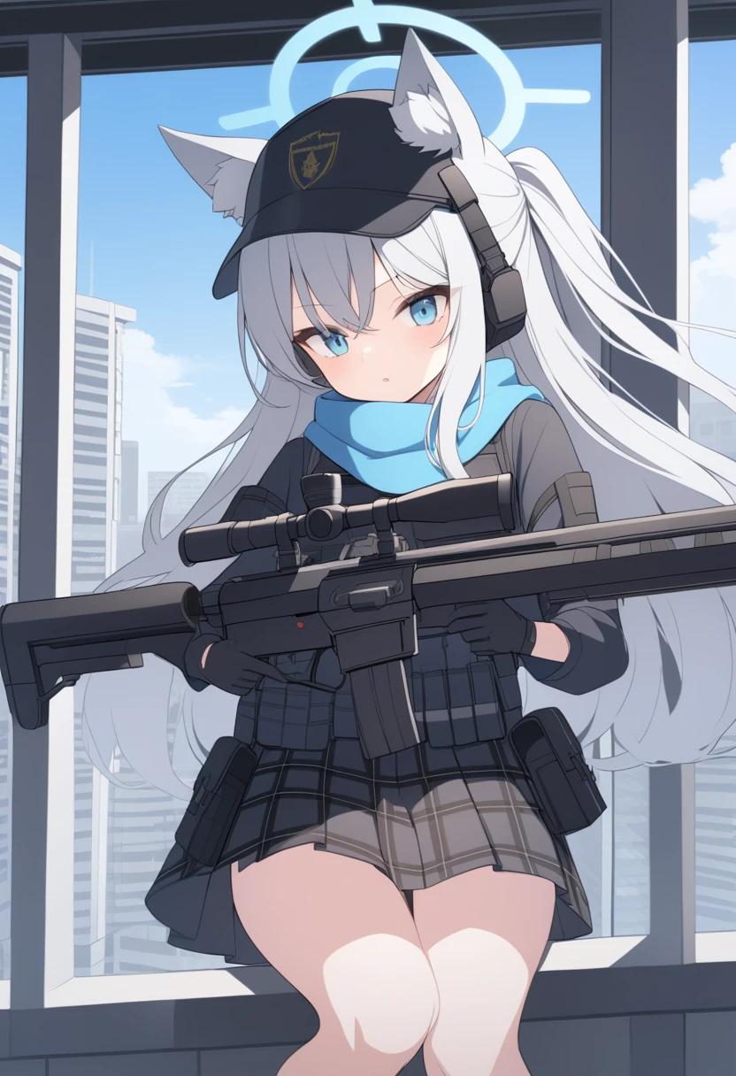 girl，Silver long hair, blue eyes, Wear body armor,Wearing a black mask，A sky blue scarf, Black gloves, And black plaid skirt, On the rooftop of a high-rise building，blue halo，Black Hat，Gray wolf ears，Holding a Sniper rifle and aiming，With tactical headsets