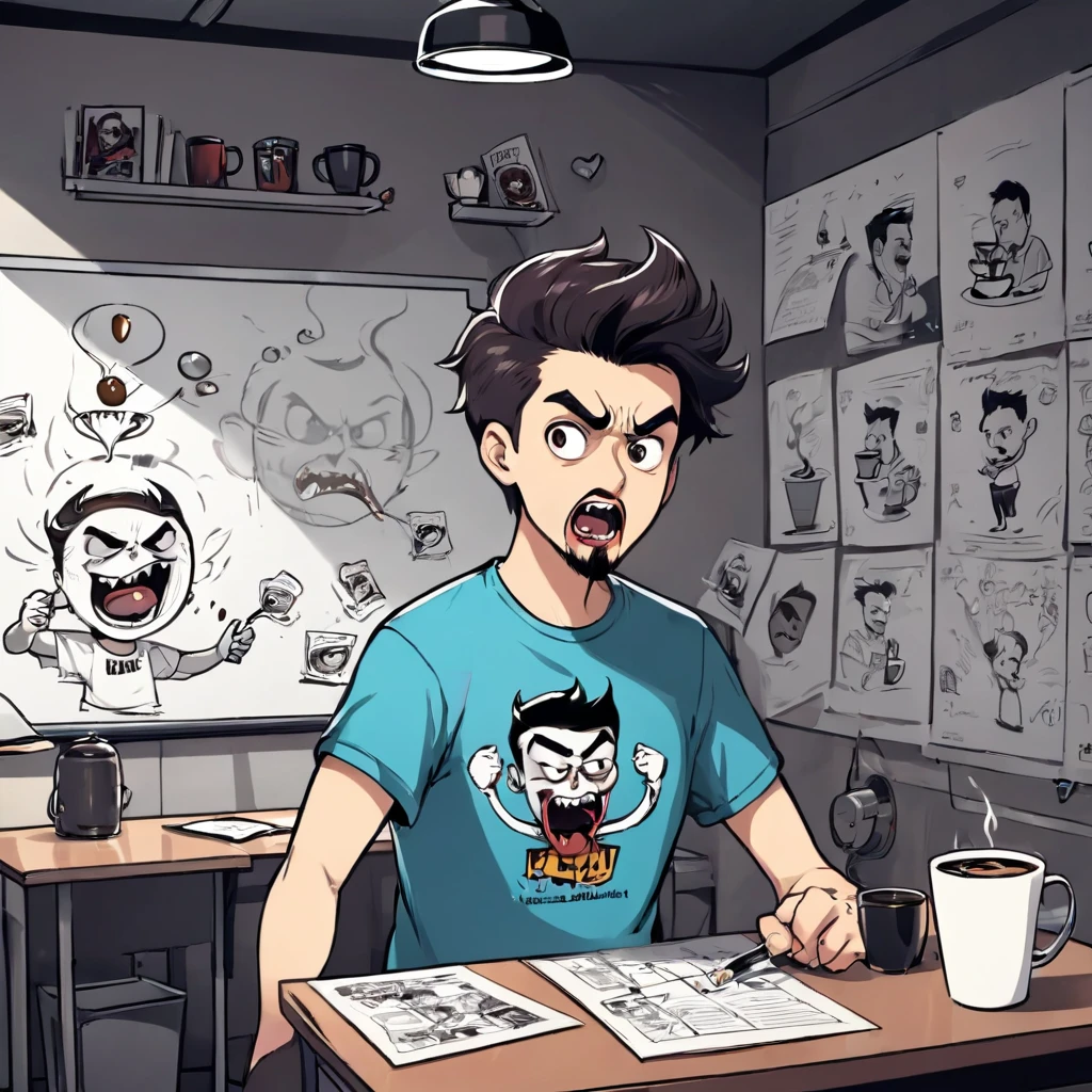a guy with tshirt has logo Kahwaa , fighting with an evil big cup of coffee , in a funny way , whiteboard with pictures and papers hung on it, evil dark room , there is a scary faces and Puzzles on the wall,