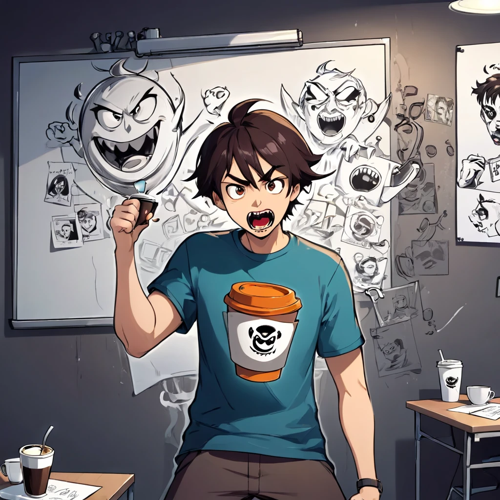 a guy with tshirt has logo Kahwaa , fighting with an evil big cup of coffee , in a funny way , whiteboard with pictures and papers hung on it, evil dark room , there is a scary faces and Puzzles on the wall,