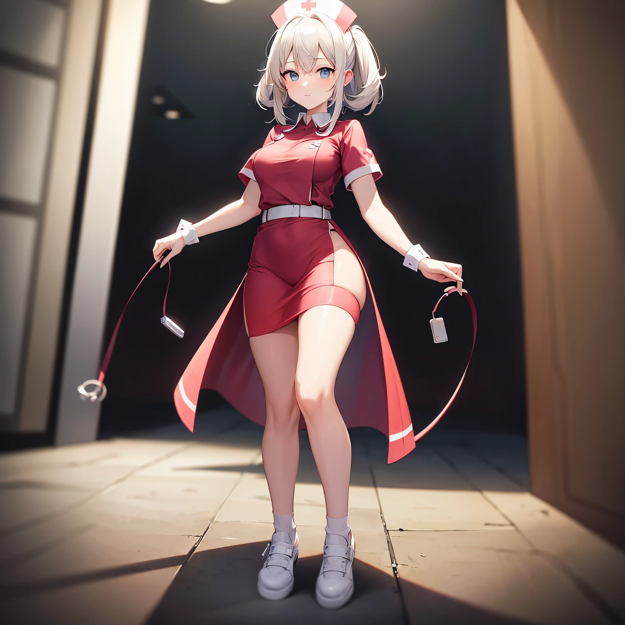((nurse)),((White shoes)),Top quality,(Dark Room), Subtle light, Natural light,Soft lighting,Light from directly behind,(Are standing),Front view,Black background